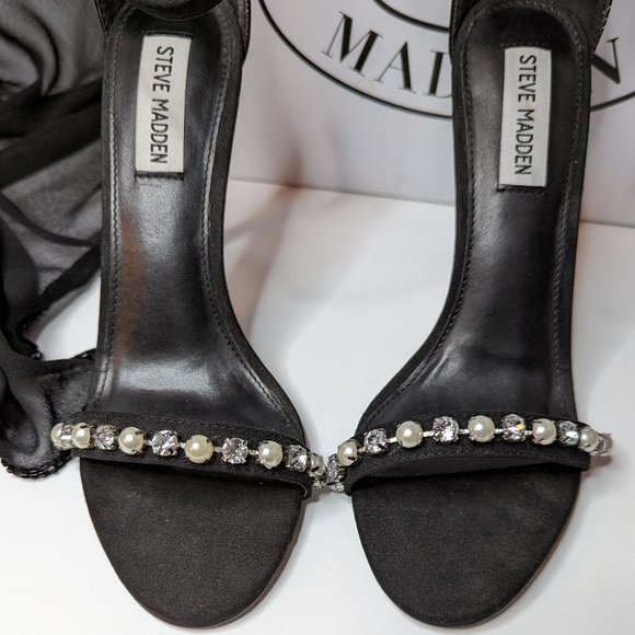 STEVE MADDEN Solitaire Stiletto Sandals Diamond Pearl Studs Ankle Strap Size 9 - Picture 8 of 15